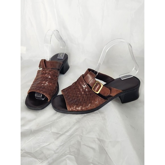 Unbranded Shoes - Square Heel Open Toe Leather Woven Upper Shoes Women’s Size 8.5‎ Brown Buckle